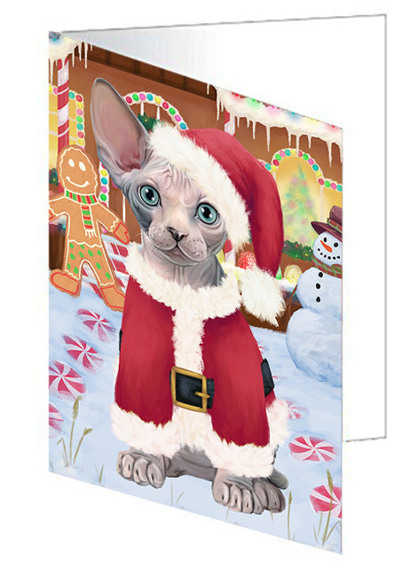 Christmas Gingerbread House Candyfest Sphynx Cat Handmade Artwork Assorted Pets Greeting Cards and Note Cards with Envelopes for All Occasions and Holiday Seasons GCD74225