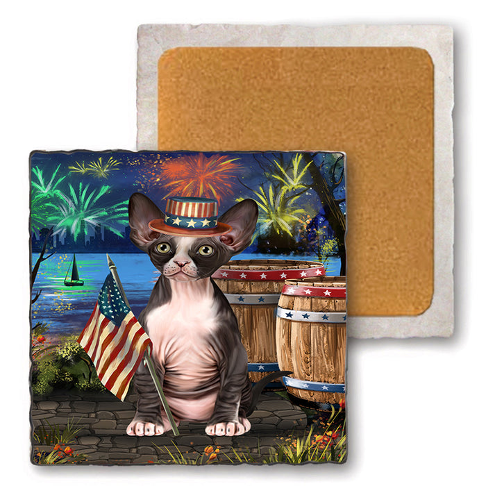 4th of July Independence Day Firework Sphynx Cat Set of 4 Natural Stone Marble Tile Coasters MCST49083