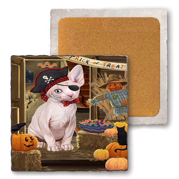 Enter at Own Risk Trick or Treat Halloween Sphynx Cat Set of 4 Natural Stone Marble Tile Coasters MCST48306