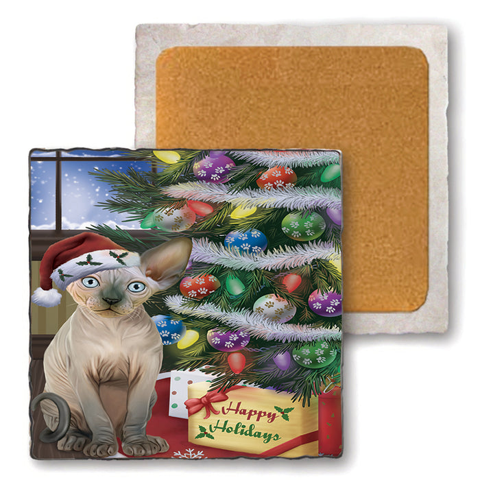 Christmas Happy Holidays Sphynx Cat with Tree and Presents Set of 4 Natural Stone Marble Tile Coasters MCST48474