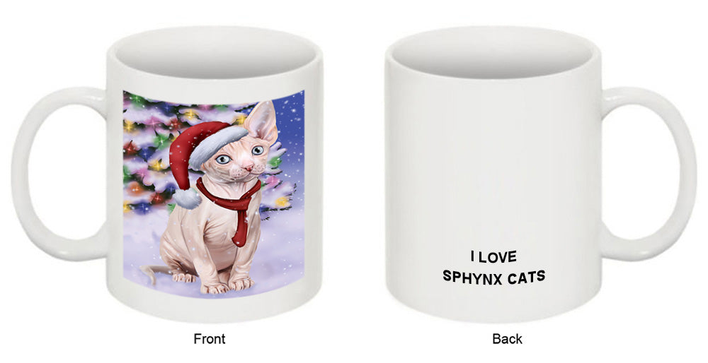 Winterland Wonderland Sphynx Cat In Christmas Holiday Scenic Background Coffee Mug MUG49179