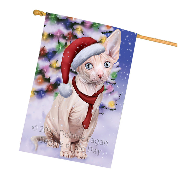 Winterland Wonderland Sphynx Cat In Christmas Holiday Scenic Background House Flag FLG53979