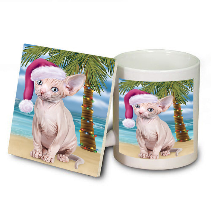 Summertime Happy Holidays Christmas Sphynx Cat on Tropical Island Beach Mug and Coaster Set MUC54447