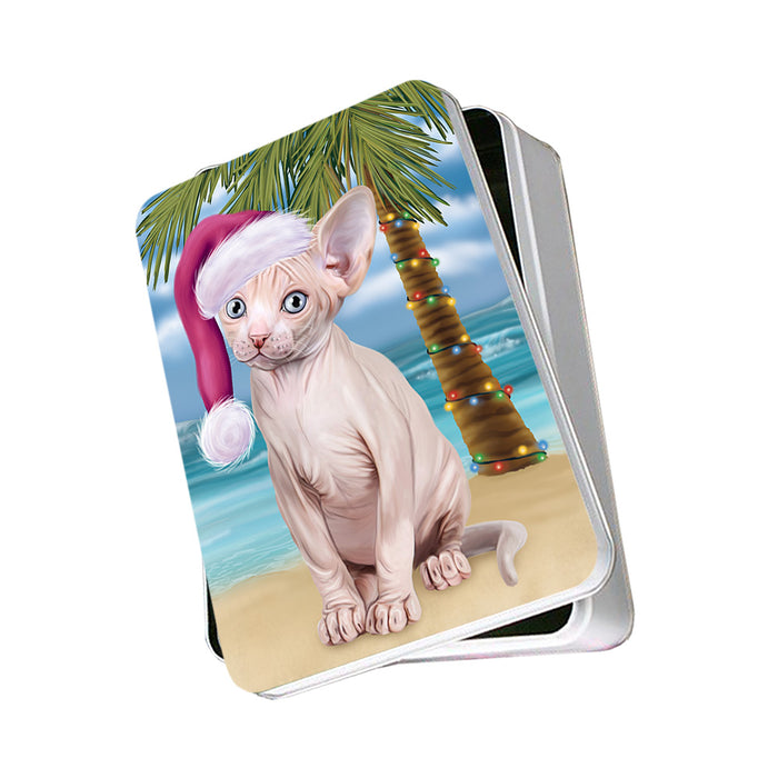 Summertime Happy Holidays Christmas Sphynx Cat on Tropical Island Beach Photo Storage Tin PITN54398