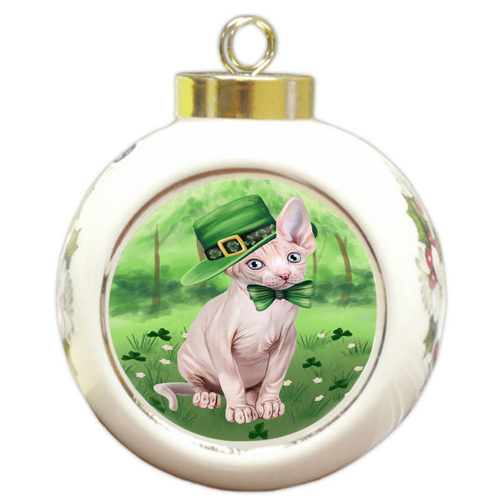 St. Patricks Day Irish Portrait Sphynx Cat Round Ball Christmas Ornament RBPOR58175