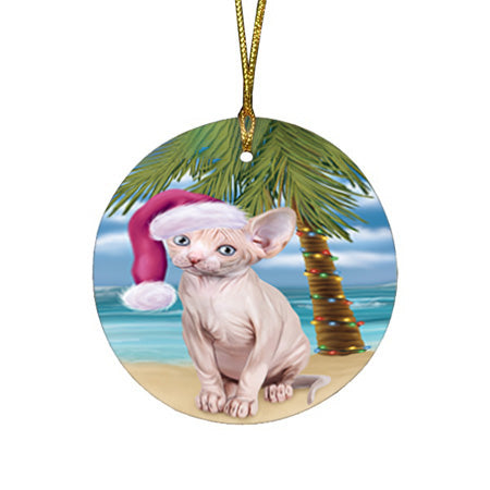 Summertime Happy Holidays Christmas Sphynx Cat on Tropical Island Beach Round Flat Christmas Ornament RFPOR54574