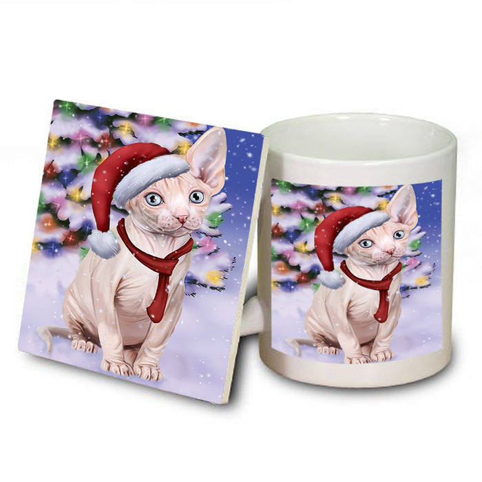 Winterland Wonderland Sphynx Cat In Christmas Holiday Scenic Background Mug and Coaster Set MUC53773