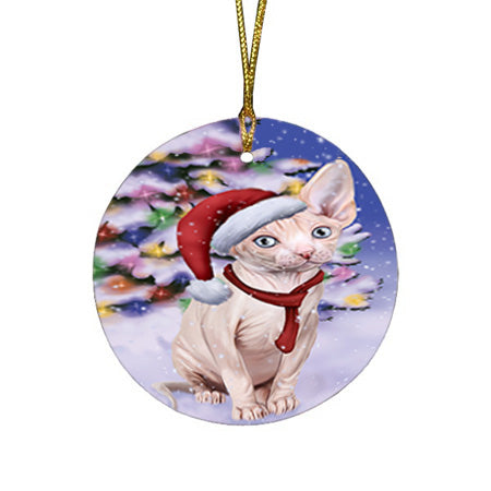 Winterland Wonderland Sphynx Cat In Christmas Holiday Scenic Background Round Flat Christmas Ornament RFPOR53772