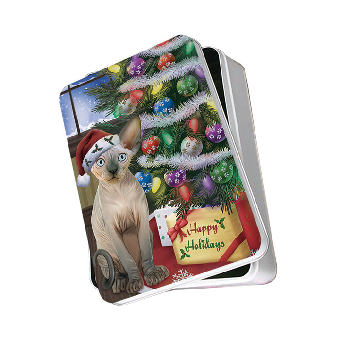 Christmas Happy Holidays Sphynx Cat with Tree and Presents Photo Storage Tin PITN53474