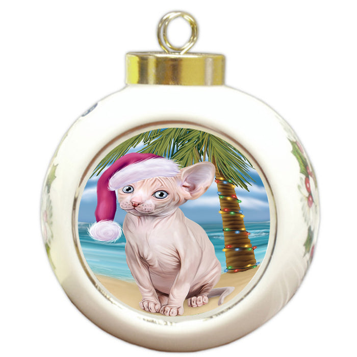 Summertime Happy Holidays Christmas Sphynx Cat on Tropical Island Beach Round Ball Christmas Ornament RBPOR54583
