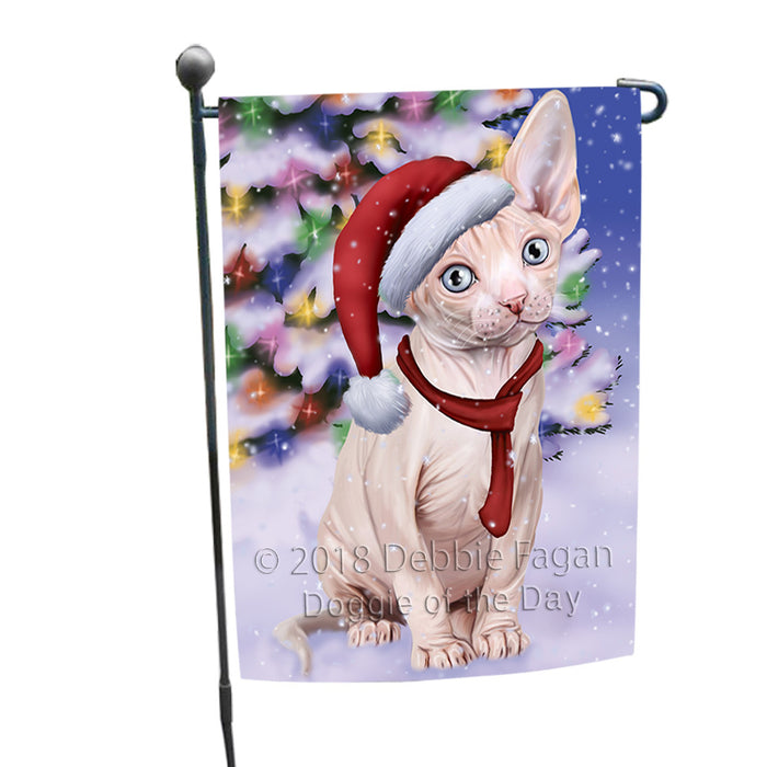 Winterland Wonderland Sphynx Cat In Christmas Holiday Scenic Background Garden Flag GFLG53843