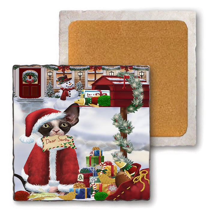 Sphynx Cat Dear Santa Letter Christmas Holiday Mailbox Set of 4 Natural Stone Marble Tile Coasters MCST48555