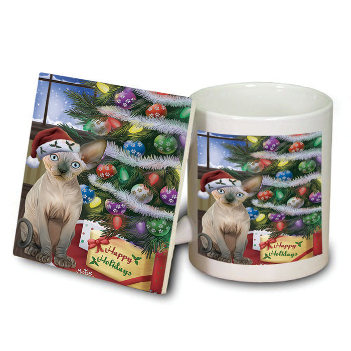 Christmas Happy Holidays Sphynx Cat with Tree and Presents Mug and Coaster Set MUC53466
