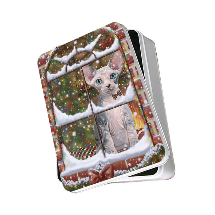 Please Come Home For Christmas Sphynx Cat Sitting In Window Photo Storage Tin PITN57562