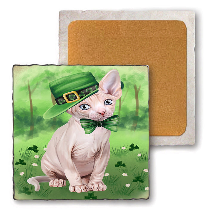 St. Patricks Day Irish Portrait Sphynx Cat Set of 4 Natural Stone Marble Tile Coasters MCST52048