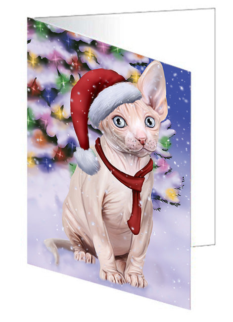 Winterland Wonderland Sphynx Cat In Christmas Holiday Scenic Background Handmade Artwork Assorted Pets Greeting Cards and Note Cards with Envelopes for All Occasions and Holiday Seasons GCD65372