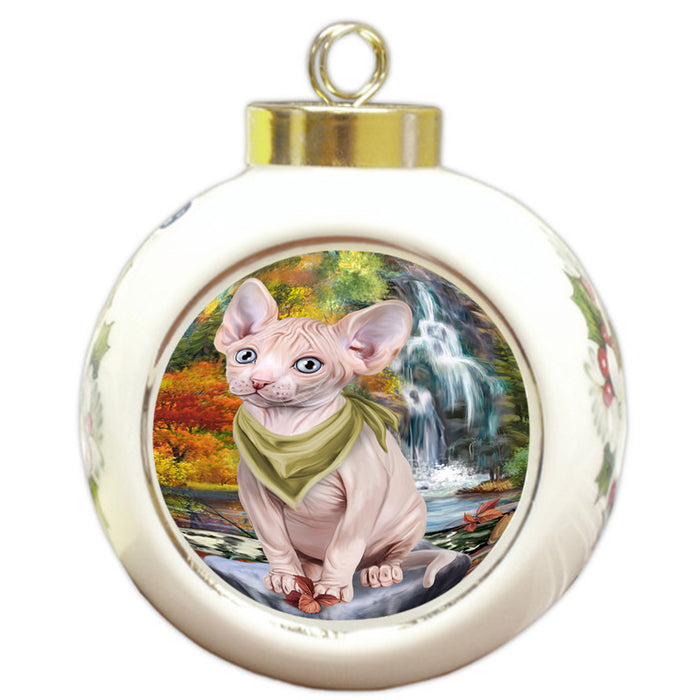 Scenic Waterfall Sphynx Cat Round Ball Christmas Ornament RBPOR51964