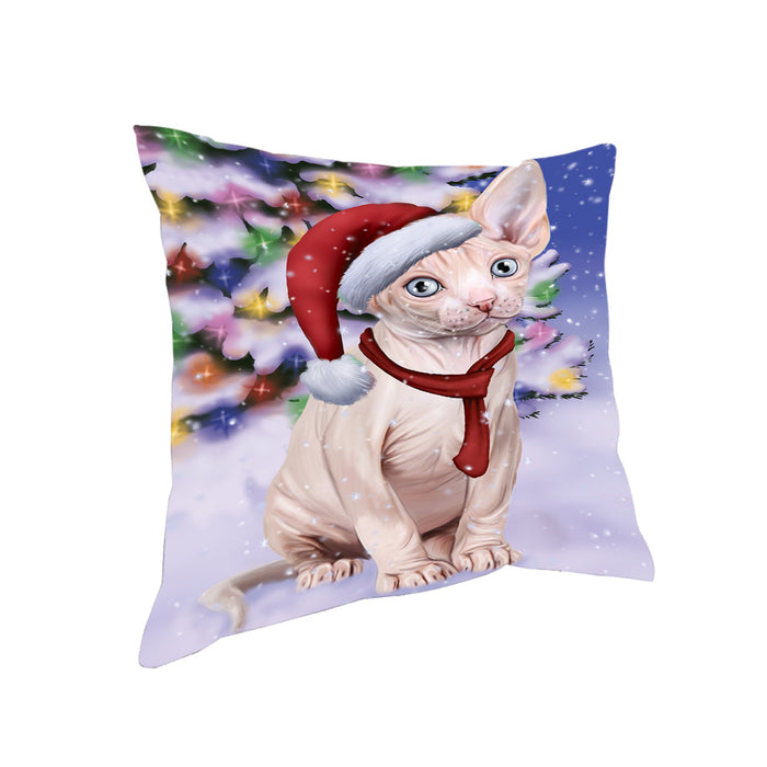 Winterland Wonderland Sphynx Cat In Christmas Holiday Scenic Background Pillow PIL71748
