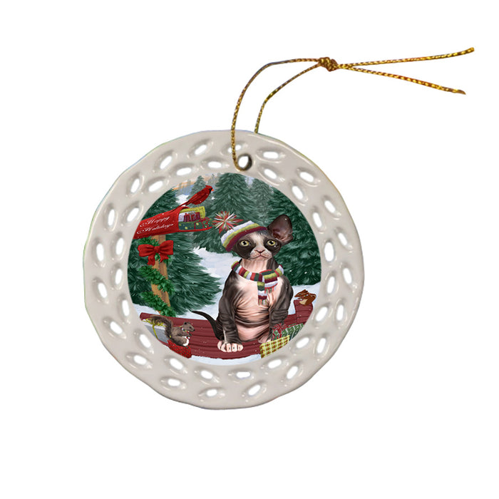 Merry Christmas Woodland Sled Sphynx Cat Ceramic Doily Ornament DPOR55406