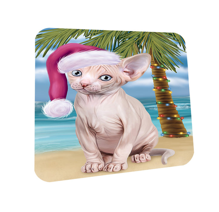 Summertime Happy Holidays Christmas Sphynx Cat on Tropical Island Beach Coasters Set of 4 CST54413