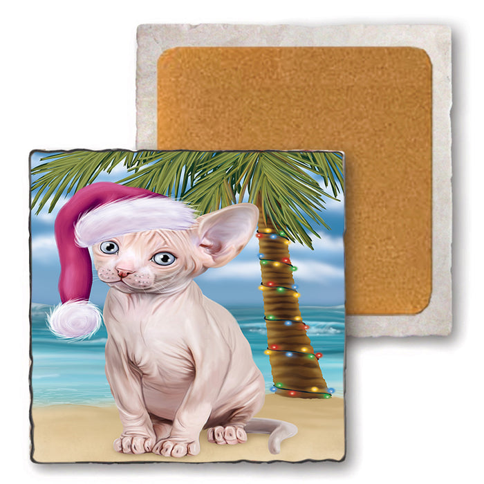 Summertime Happy Holidays Christmas Sphynx Cat on Tropical Island Beach Set of 4 Natural Stone Marble Tile Coasters MCST49455