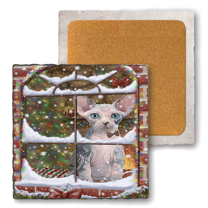 Please Come Home For Christmas Sphynx Cat Sitting In Window Set of 4 Natural Stone Marble Tile Coasters MCST48648