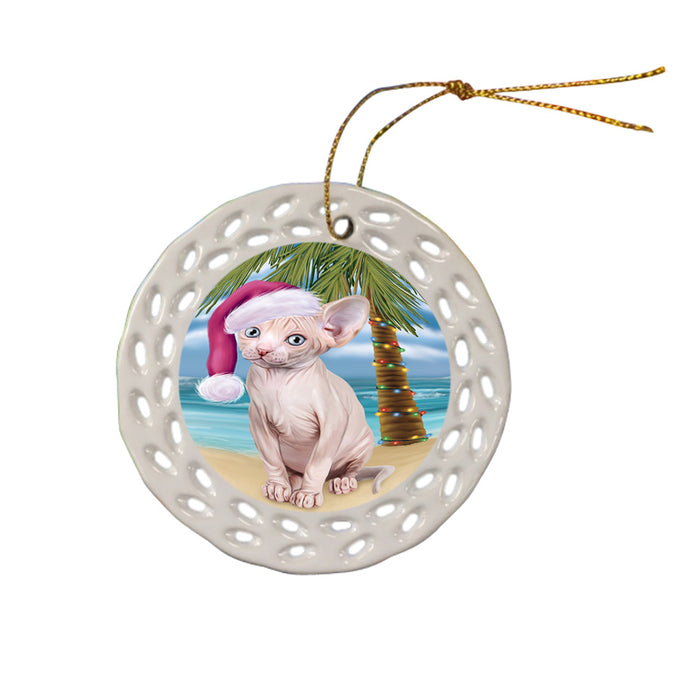 Summertime Happy Holidays Christmas Sphynx Cat on Tropical Island Beach Ceramic Doily Ornament DPOR54583