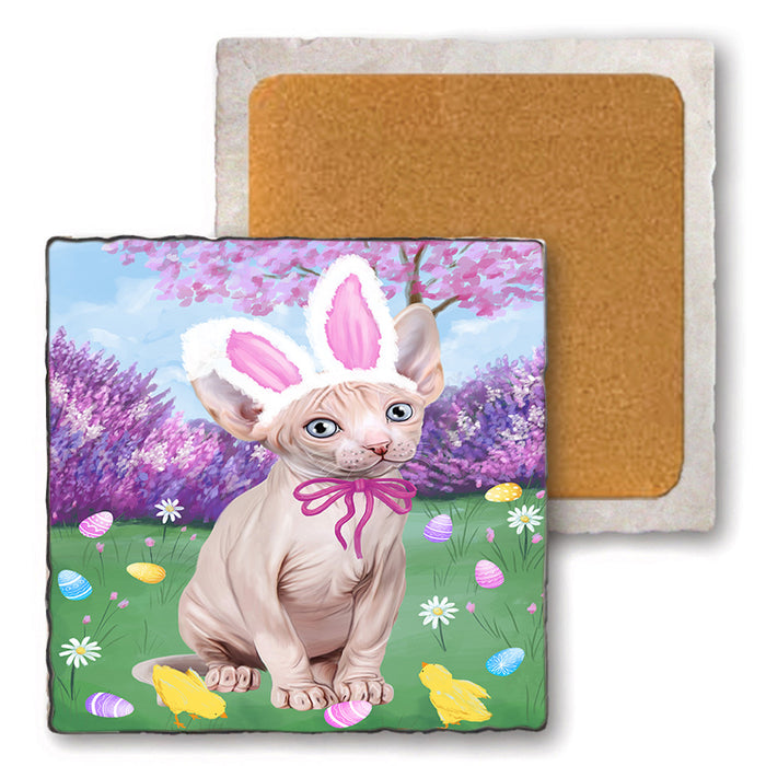 Easter Holiday Sphynx Cat Set of 4 Natural Stone Marble Tile Coasters MCST51944