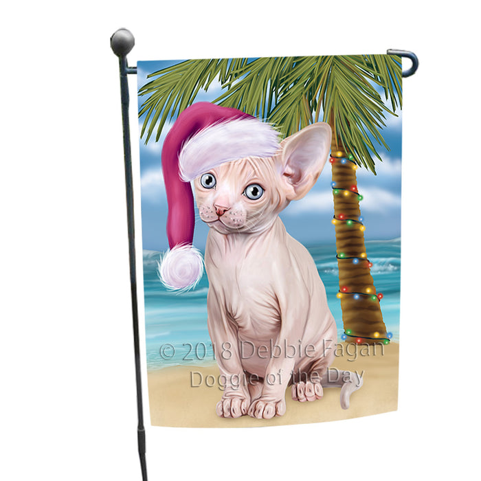 Summertime Happy Holidays Christmas Sphynx Cat on Tropical Island Beach Garden Flag GFLG54645
