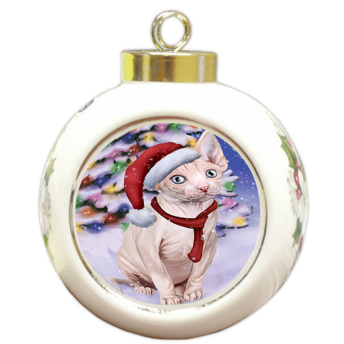 Winterland Wonderland Sphynx Cat In Christmas Holiday Scenic Background Round Ball Christmas Ornament RBPOR53781