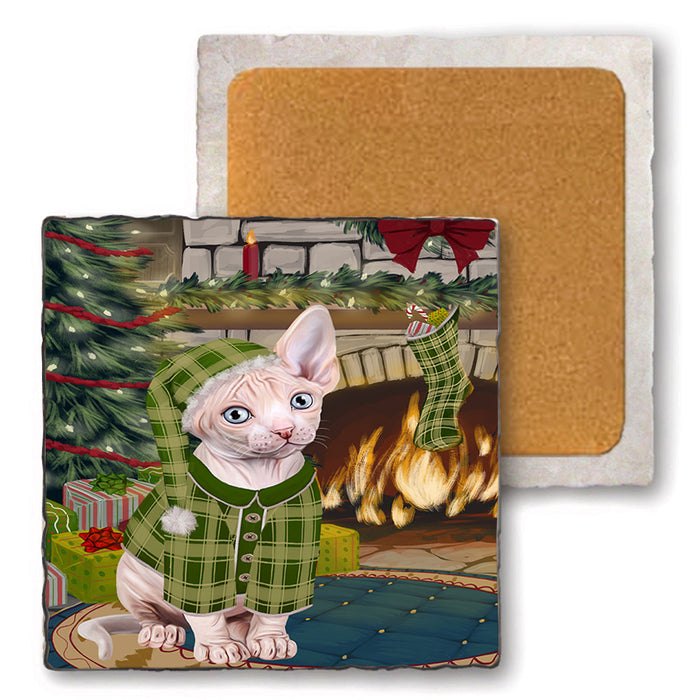 The Stocking was Hung Sphynx Cat Set of 4 Natural Stone Marble Tile Coasters MCST50632