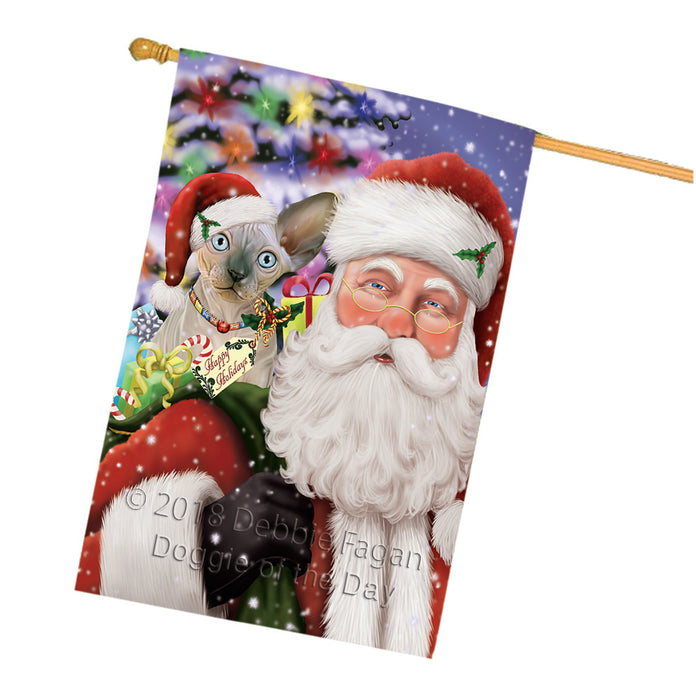 Santa Carrying Sphynx Cat and Christmas Presents House Flag FLG53903