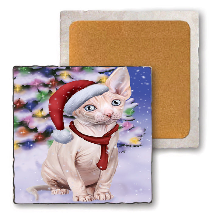 Winterland Wonderland Sphynx Cat In Christmas Holiday Scenic Background Set of 4 Natural Stone Marble Tile Coasters MCST48781