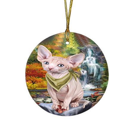 Scenic Waterfall Sphynx Cat Round Flat Christmas Ornament RFPOR51955