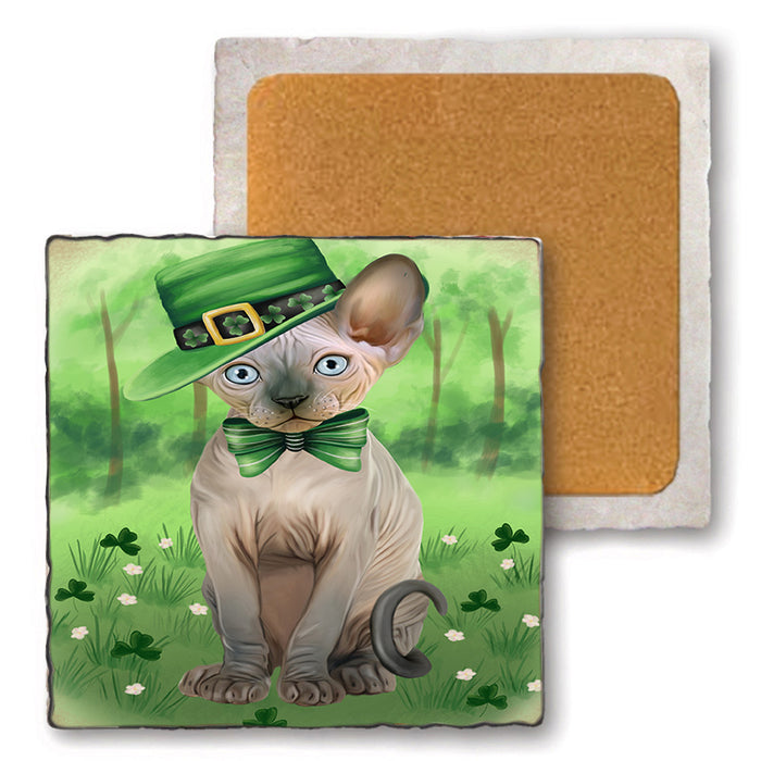 St. Patricks Day Irish Portrait Sphynx Cat Set of 4 Natural Stone Marble Tile Coasters MCST52049
