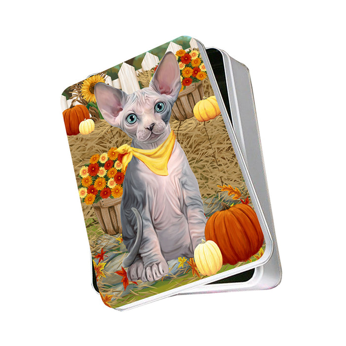 Fall Autumn Greeting Sphynx Cat with Pumpkins Photo Storage Tin PITN52349