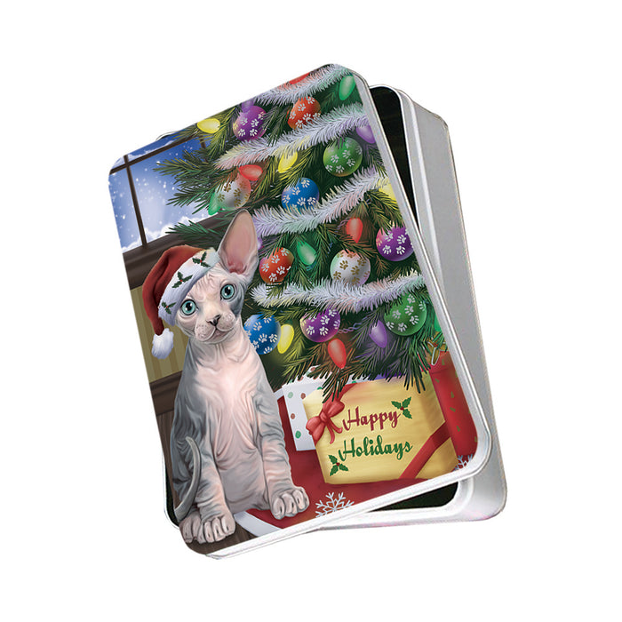 Christmas Happy Holidays Sphynx Cat with Tree and Presents Photo Storage Tin PITN53475