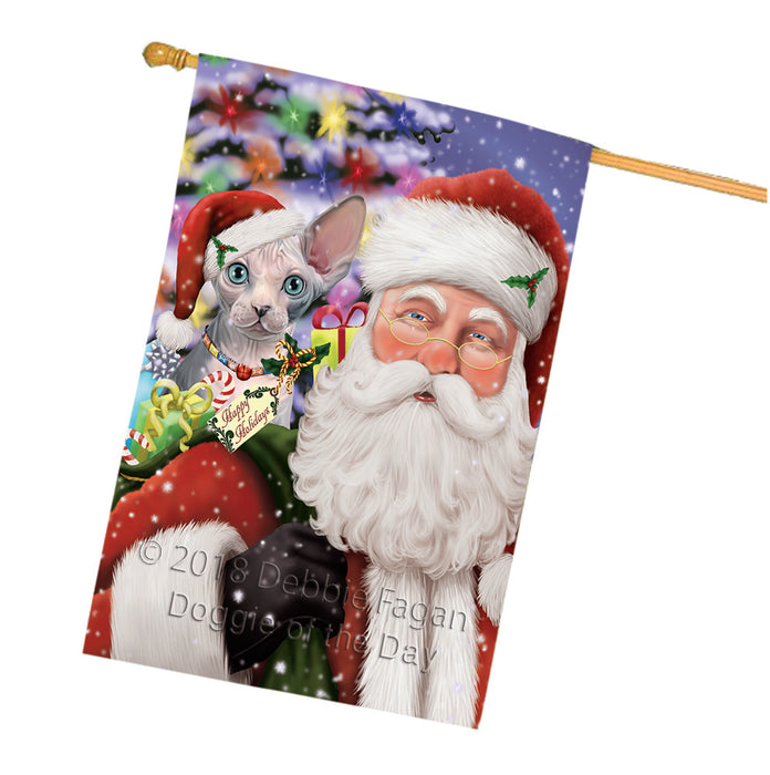 Santa Carrying Sphynx Cat and Christmas Presents House Flag FLG53904
