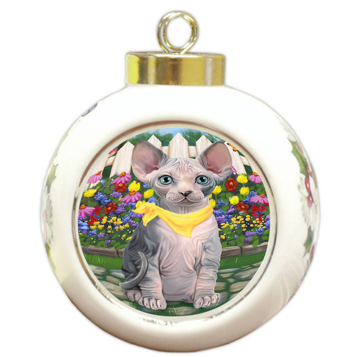 Spring Floral Sphynx Cat Round Ball Christmas Ornament RBPOR52278