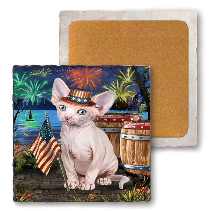 4th of July Independence Day Firework Sphynx Cat Set of 4 Natural Stone Marble Tile Coasters MCST49084
