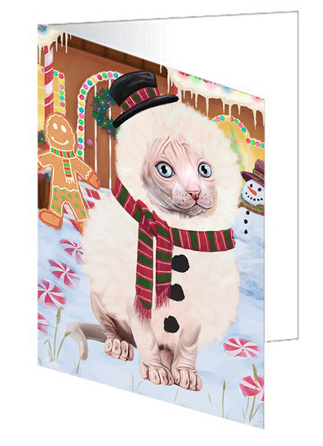 Christmas Gingerbread House Candyfest Sphynx Cat Handmade Artwork Assorted Pets Greeting Cards and Note Cards with Envelopes for All Occasions and Holiday Seasons GCD74228