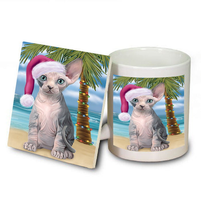 Summertime Happy Holidays Christmas Sphynx Cat on Tropical Island Beach Mug and Coaster Set MUC54448