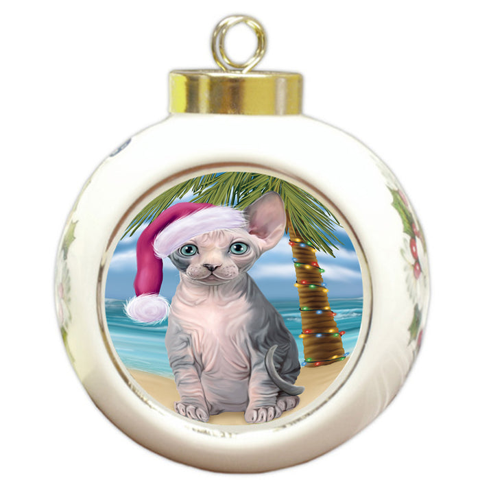 Summertime Happy Holidays Christmas Sphynx Cat on Tropical Island Beach Round Ball Christmas Ornament RBPOR54584