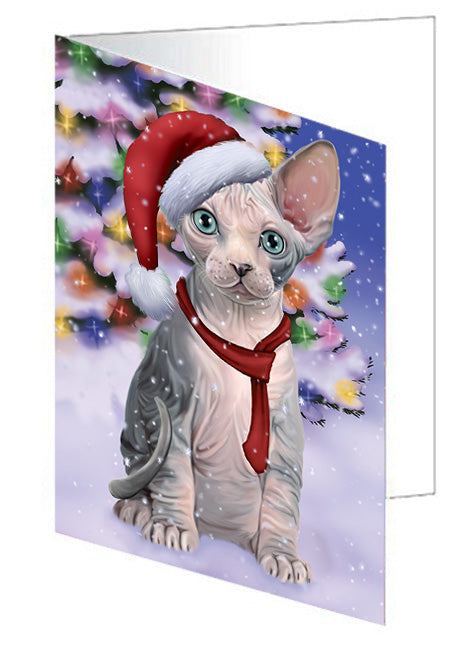 Winterland Wonderland Sphynx Cat In Christmas Holiday Scenic Background Handmade Artwork Assorted Pets Greeting Cards and Note Cards with Envelopes for All Occasions and Holiday Seasons GCD65375