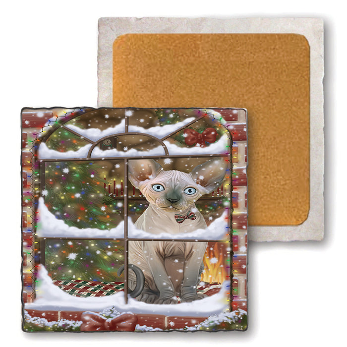 Please Come Home For Christmas Sphynx Cat Sitting In Window Set of 4 Natural Stone Marble Tile Coasters MCST48649