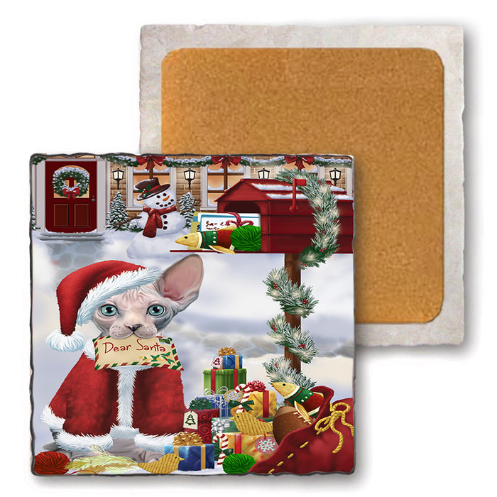 Sphynx Cat Dear Santa Letter Christmas Holiday Mailbox Set of 4 Natural Stone Marble Tile Coasters MCST48556