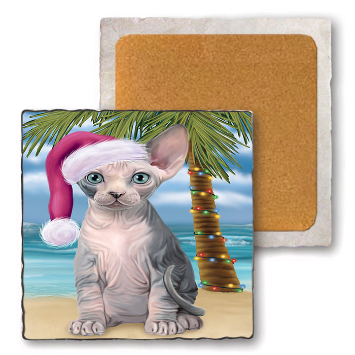 Summertime Happy Holidays Christmas Sphynx Cat on Tropical Island Beach Set of 4 Natural Stone Marble Tile Coasters MCST49456