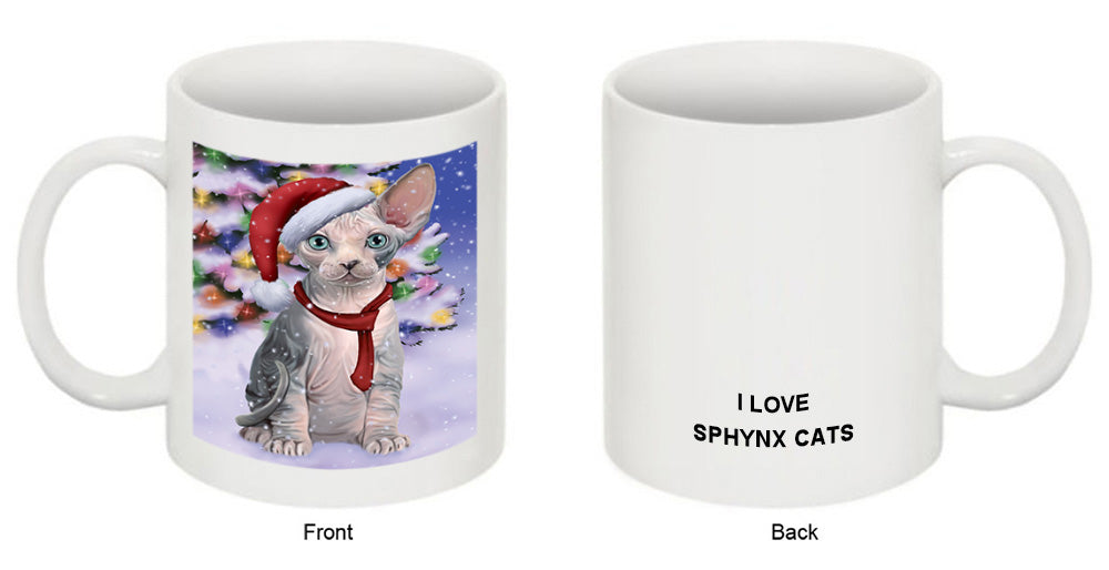 Winterland Wonderland Sphynx Cat In Christmas Holiday Scenic Background Coffee Mug MUG49180