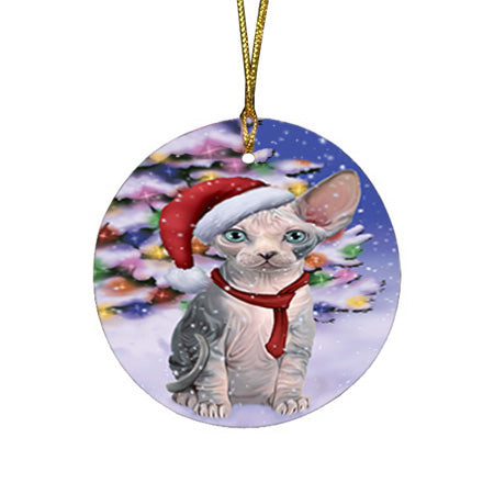 Winterland Wonderland Sphynx Cat In Christmas Holiday Scenic Background Round Flat Christmas Ornament RFPOR53773