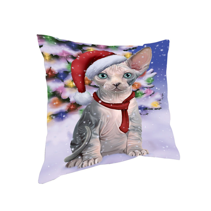 Winterland Wonderland Sphynx Cat In Christmas Holiday Scenic Background Pillow PIL71752